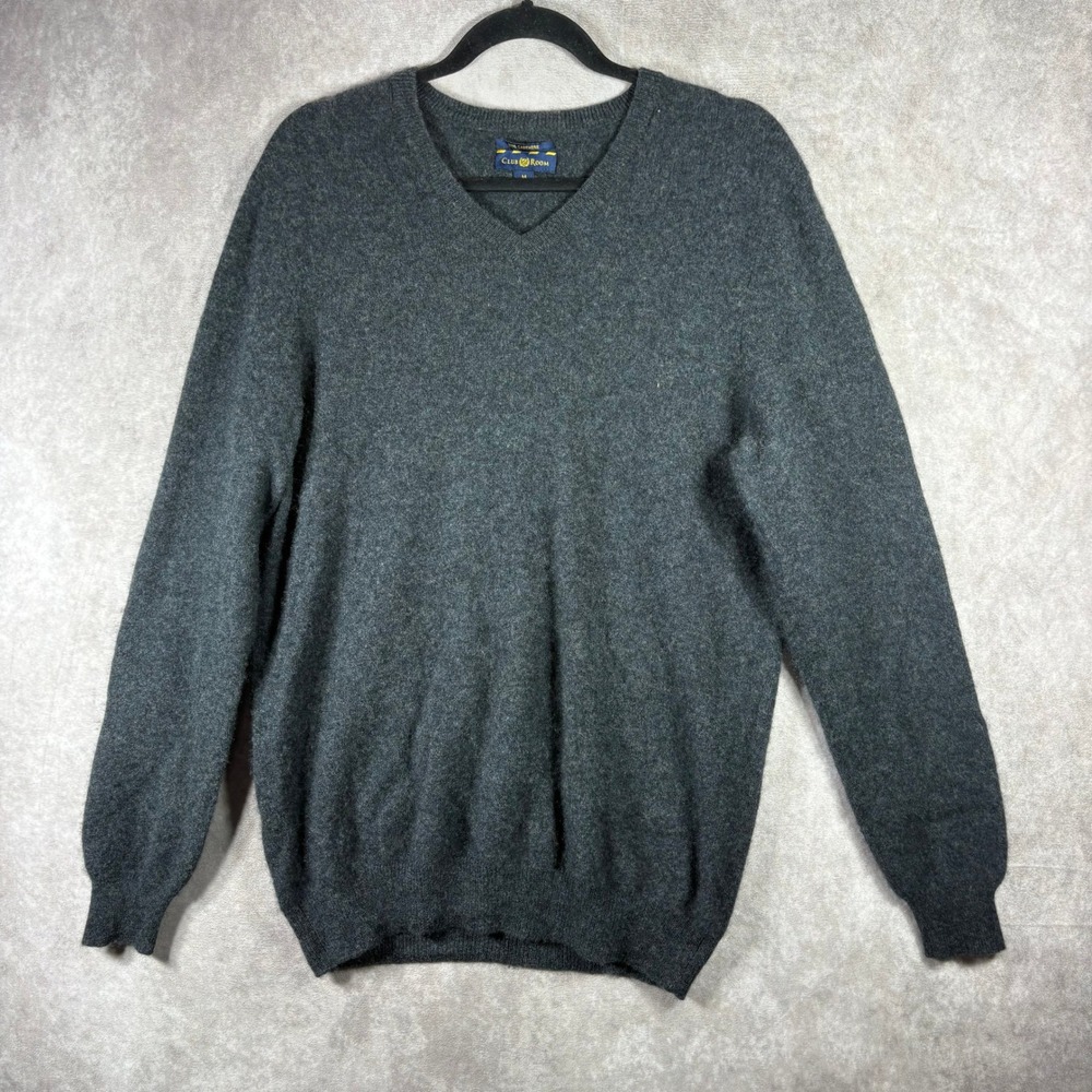 Club Room Sweater Mens Medium Dark Gray Cashmere V-Neck Pullover Classic‎ Soft